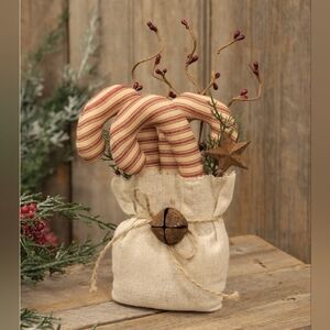 Christmas Stuffed Ticking Stripe Candy Canes & Greenery Goody Bag Primitive Vibe